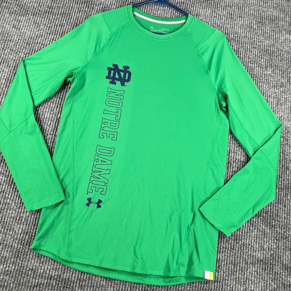Notre Dame Fighting Irish Shirt Mens Small Green Long Sleeve Fitted Heat Gear